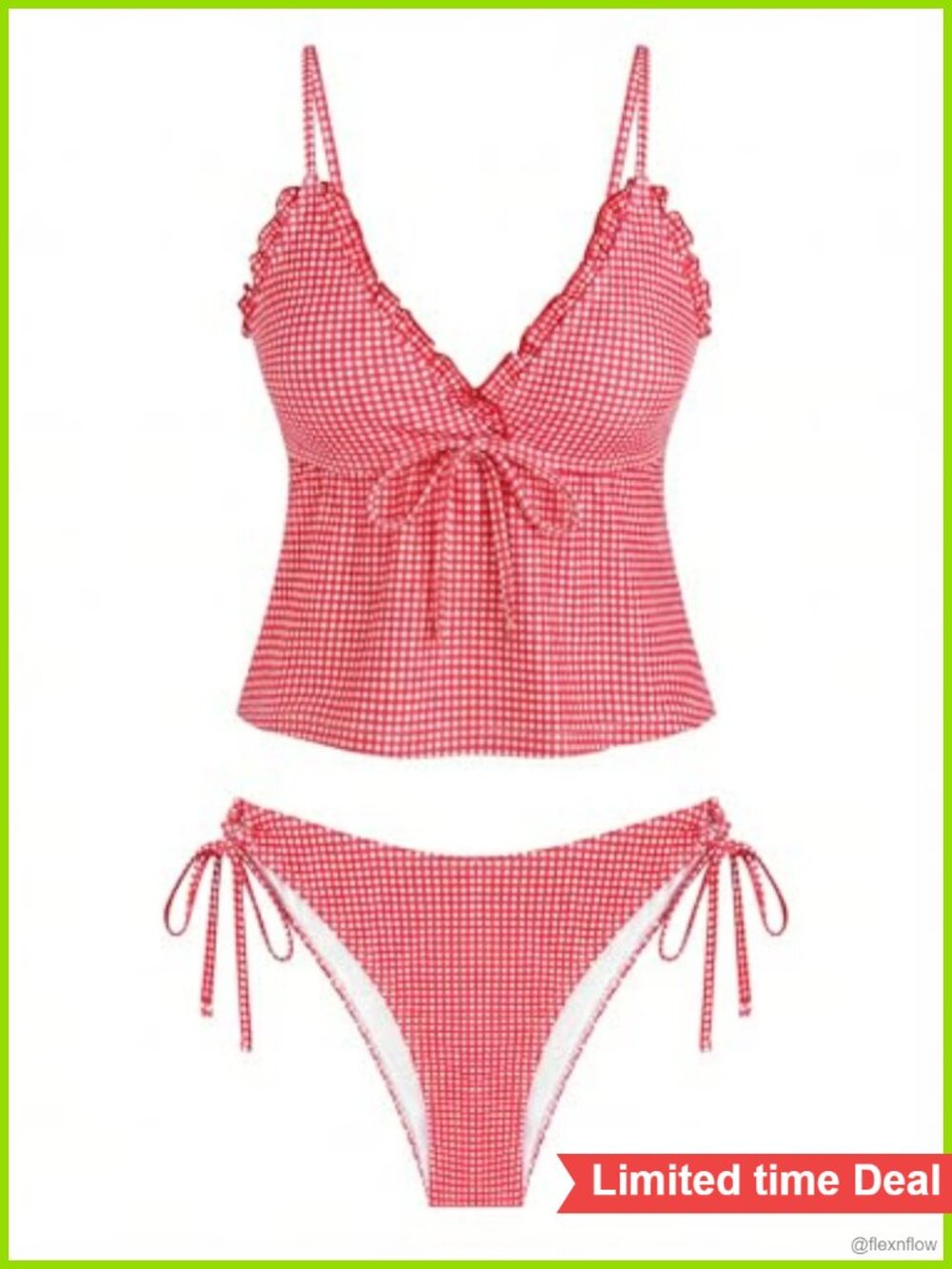 Women's V Neck Textured Knot Tie Ruffle Tankini Swimsuit Set
